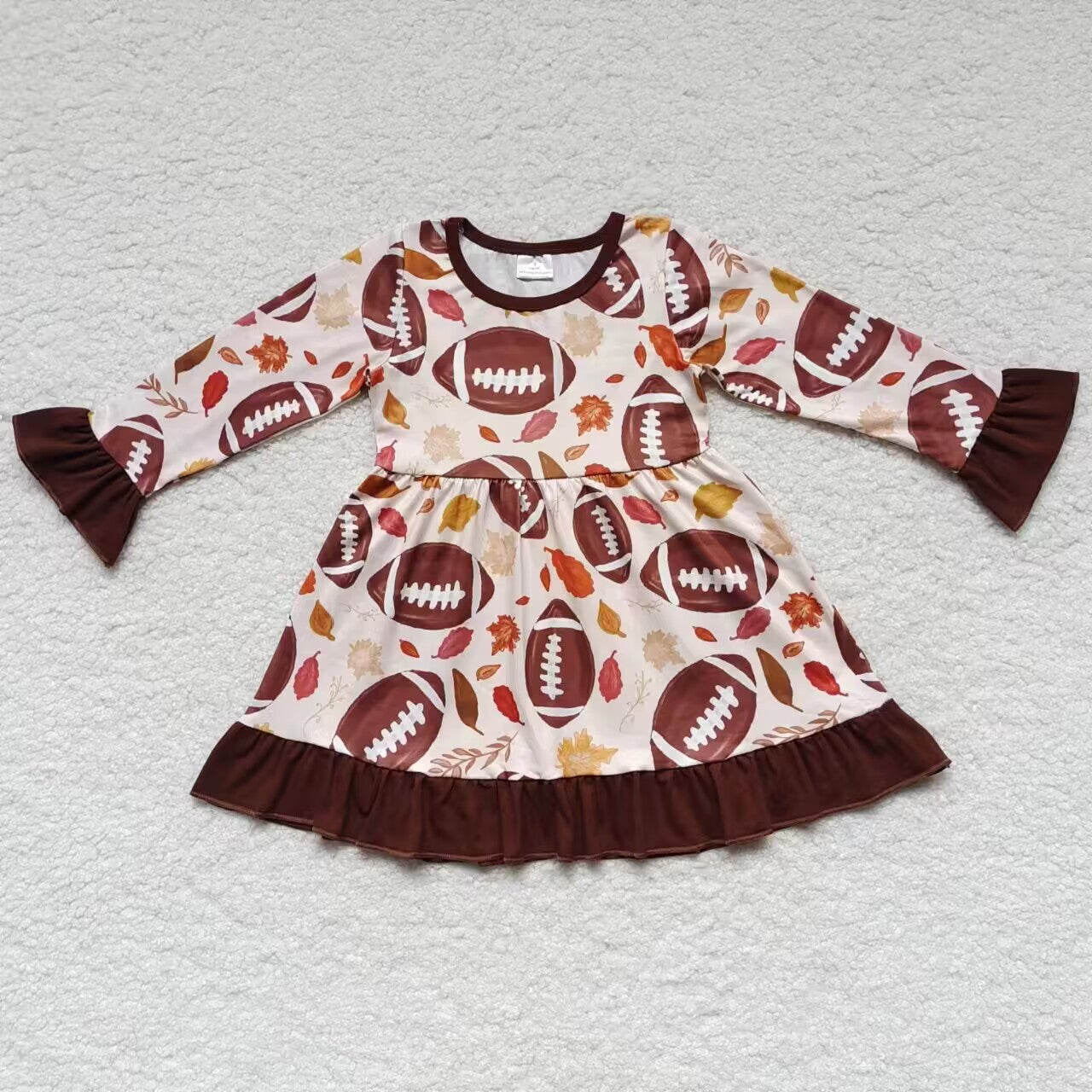 GLD0222 Brown Football Girls Long Sleeve Dresses