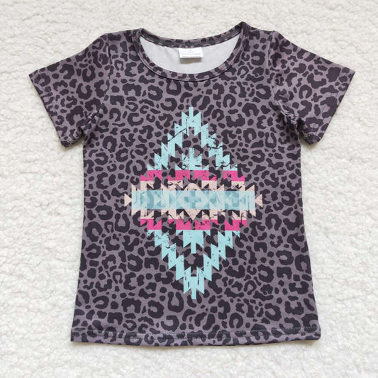 GT0239 Black Leopard Western Girls Short Sleeve Top T-shirts