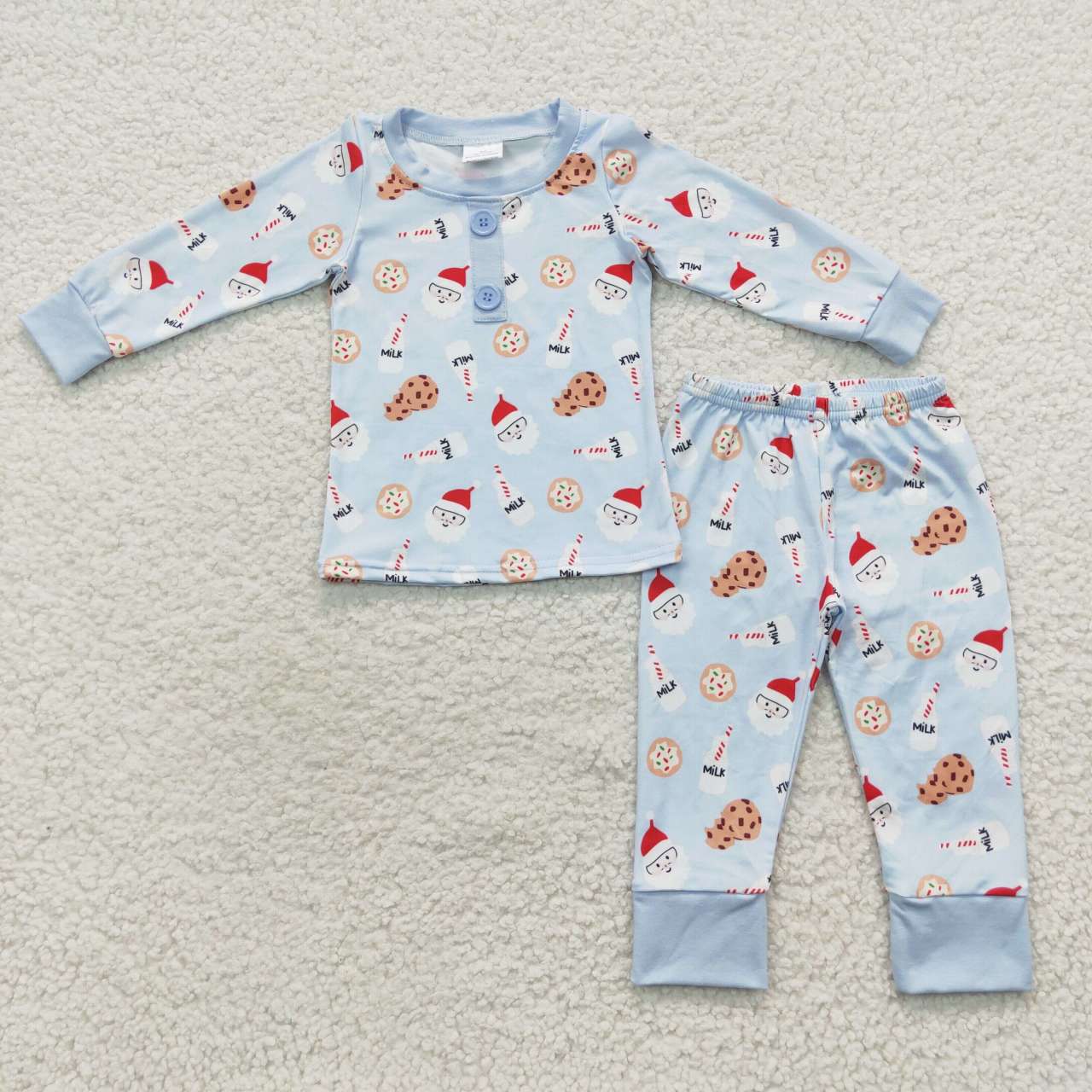 BLP0238 Christmas Blue Santa Cartoon Boys Long Sleeve Pants Outfits