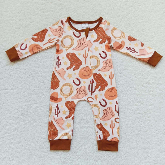 LR0431 Orange Cowboy Boots Zipper Girls Long Sleeve Romper