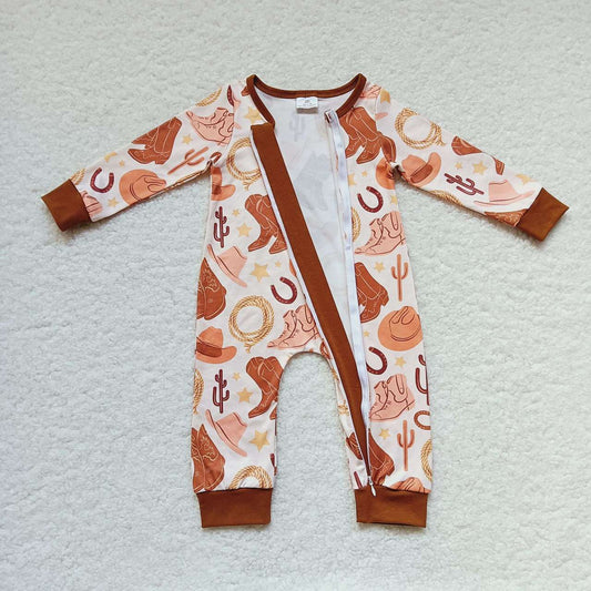 LR0431 Orange Cowboy Boots Zipper Girls Long Sleeve Romper