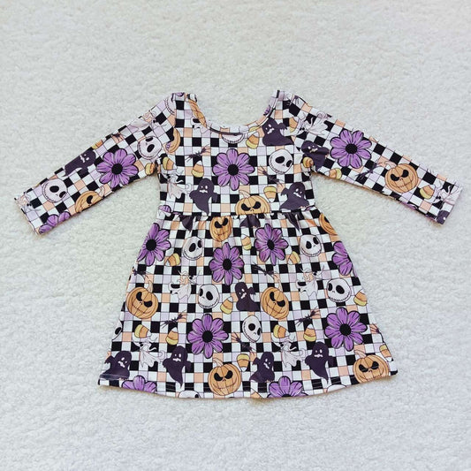 GLD0233 Halloween Orange Purple Pumpkin Girls Long Sleeve Dresses