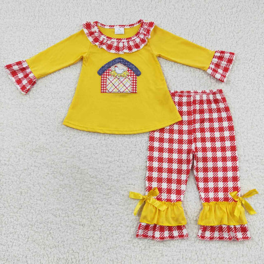 GLP0492  Thanksgiving Chicken Red Yellow   Tunic Girls Long Sleeve Pants Outfits