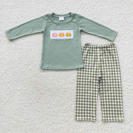 BLP0226 Halloween Pumpkin Green Embroidery  Boys Long Sleeve Pants Outfits Pajamas