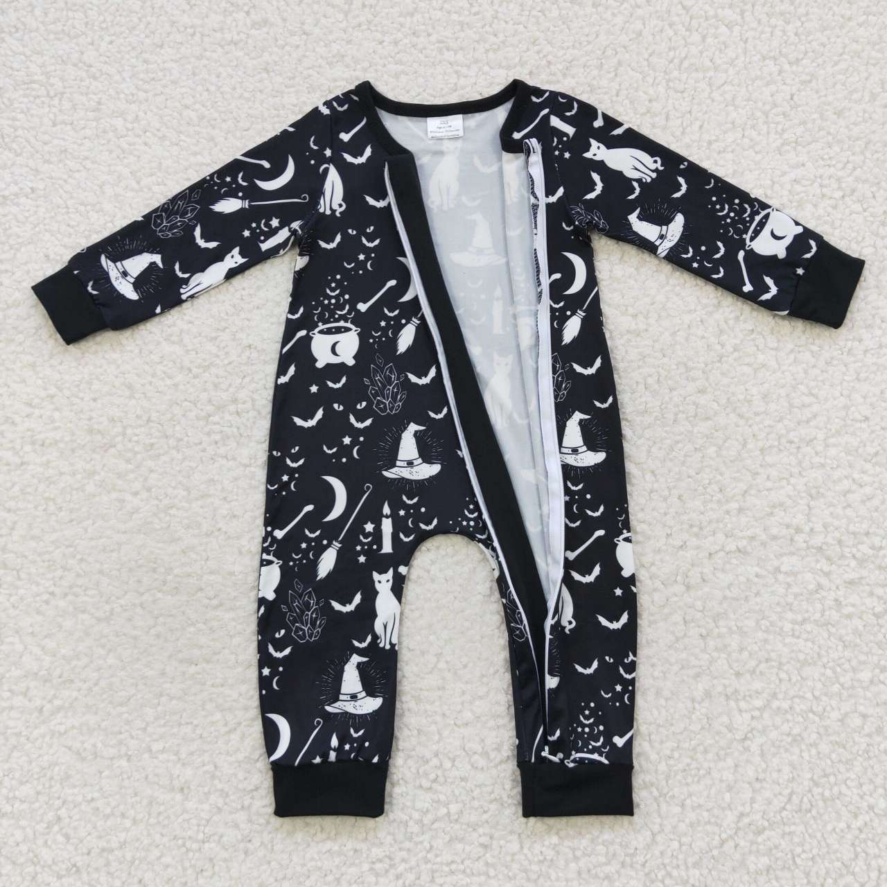 LR0473 Halloween Black Cat Zipper Girls Long Sleeve Romper