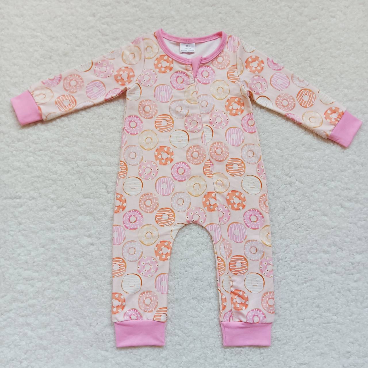 LR0312 Pink Donuts Zipper Girls Long Sleeve Romper