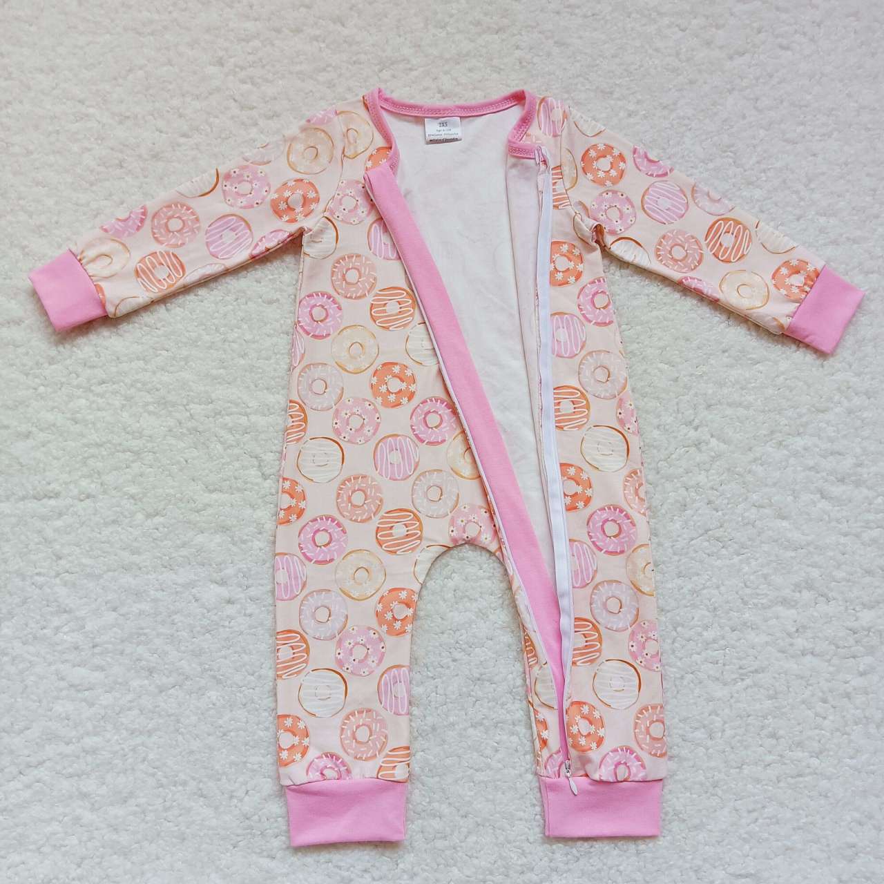 LR0312 Pink Donuts Zipper Girls Long Sleeve Romper