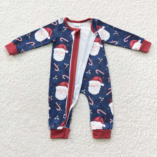 LR0498 Christmas Red Blue Santa Zipper Girls Long Sleeve Romper