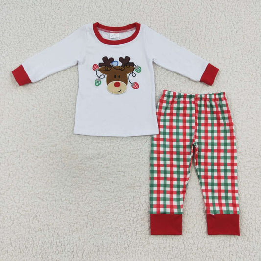 BLP0218 Christmas Deer Red Embroidery Boys Long Sleeve Pants Outfits