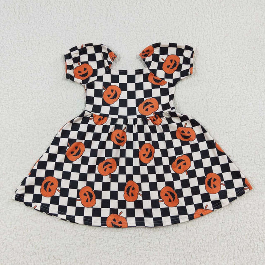 GLD0302 Halloween Pumpkin Orange Plaid Girls Short Sleeve Dresses