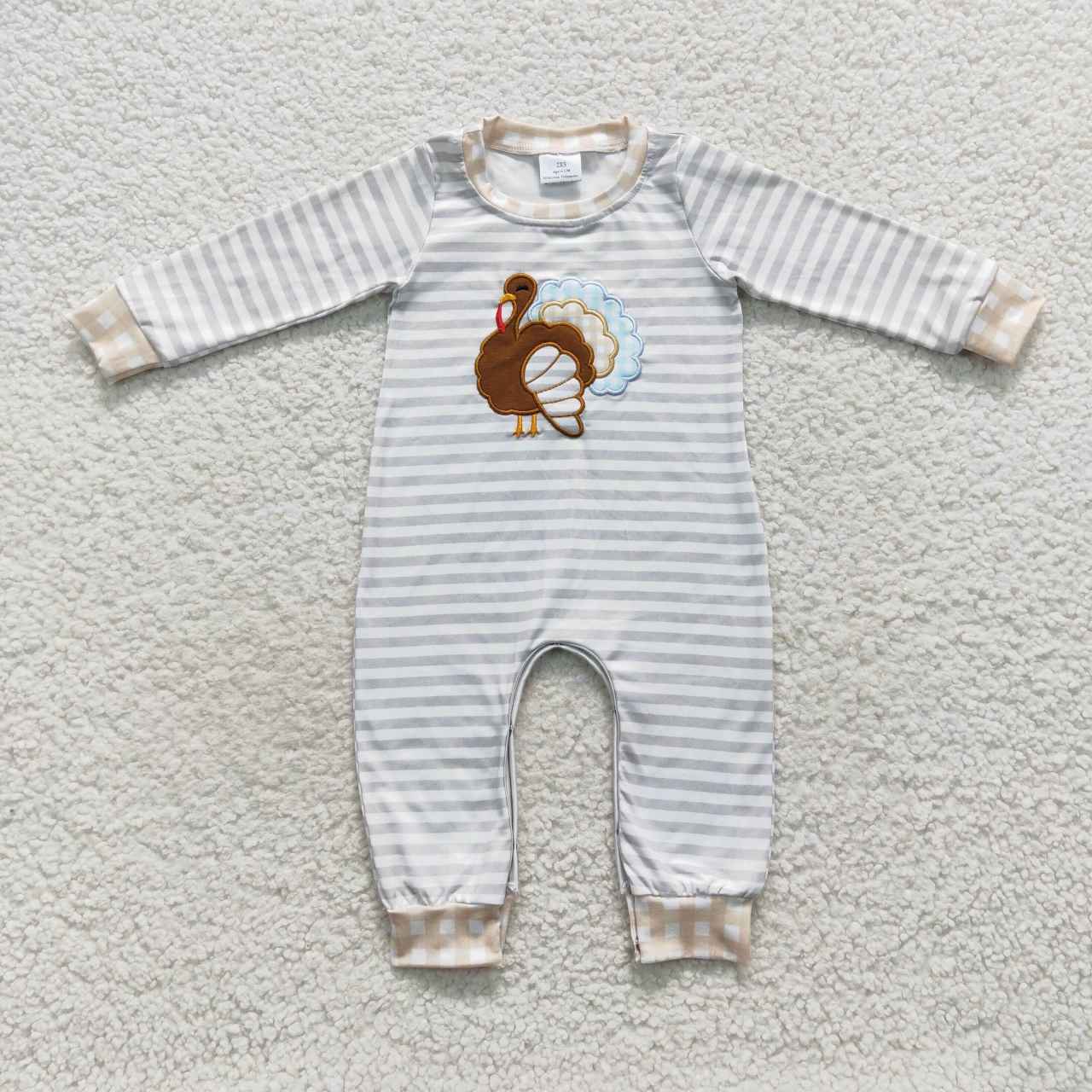 LR0429 Thanksgiving Turkey Green Stripes Embroidery Boys Long Sleeve Romper