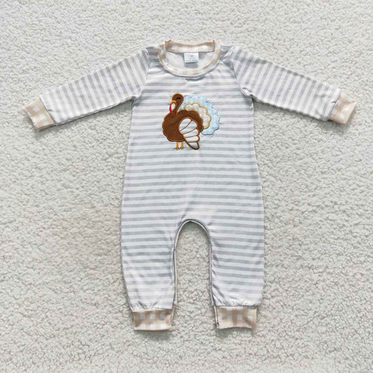 LR0429 Thanksgiving Turkey Green Stripes Embroidery Boys Long Sleeve Romper