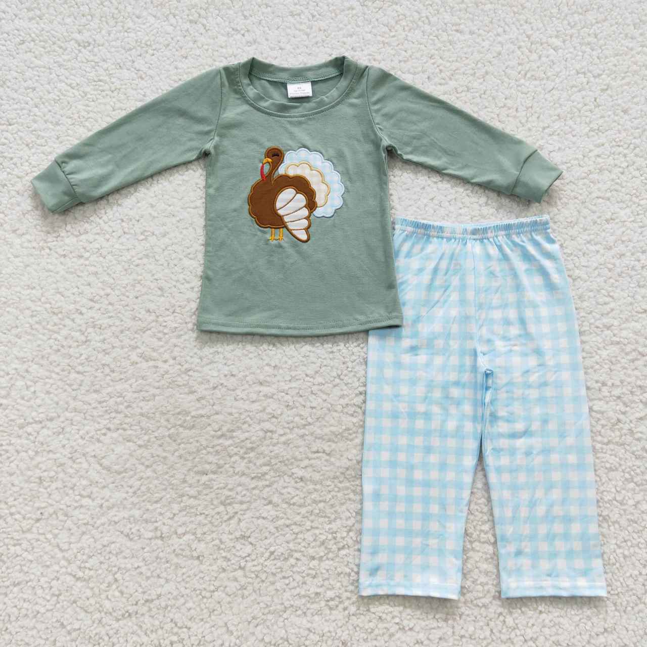 BLP0214 Thanksgiving Turkey Green Cartoon Embroidery Boys Long Sleeve Pants Outfits