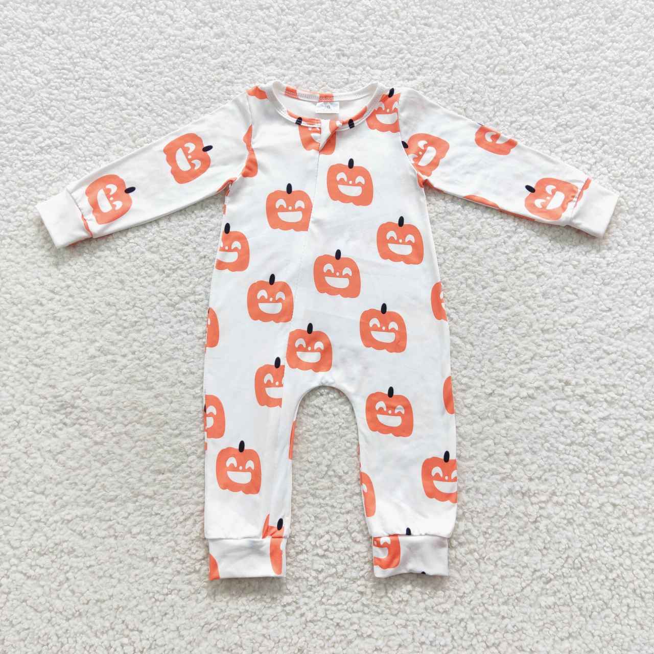 LR0495 Halloween Orange Pumpkin Zipper Girls Long Sleeve Romper