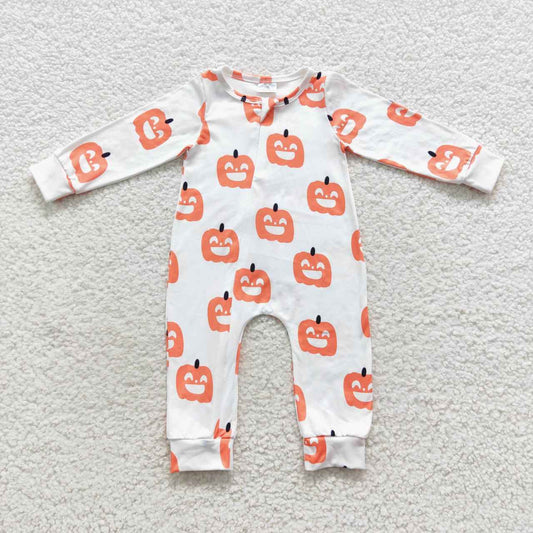 LR0495 Halloween Orange Pumpkin Zipper Girls Long Sleeve Romper