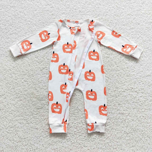 LR0495 Halloween Orange Pumpkin Zipper Girls Long Sleeve Romper