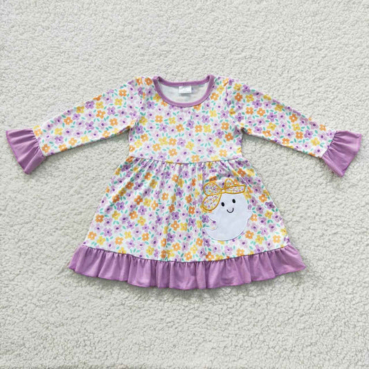 GLD0220 Halloween Purple Ghost Cartoon Embroidery Girls Long Sleeve Dresses