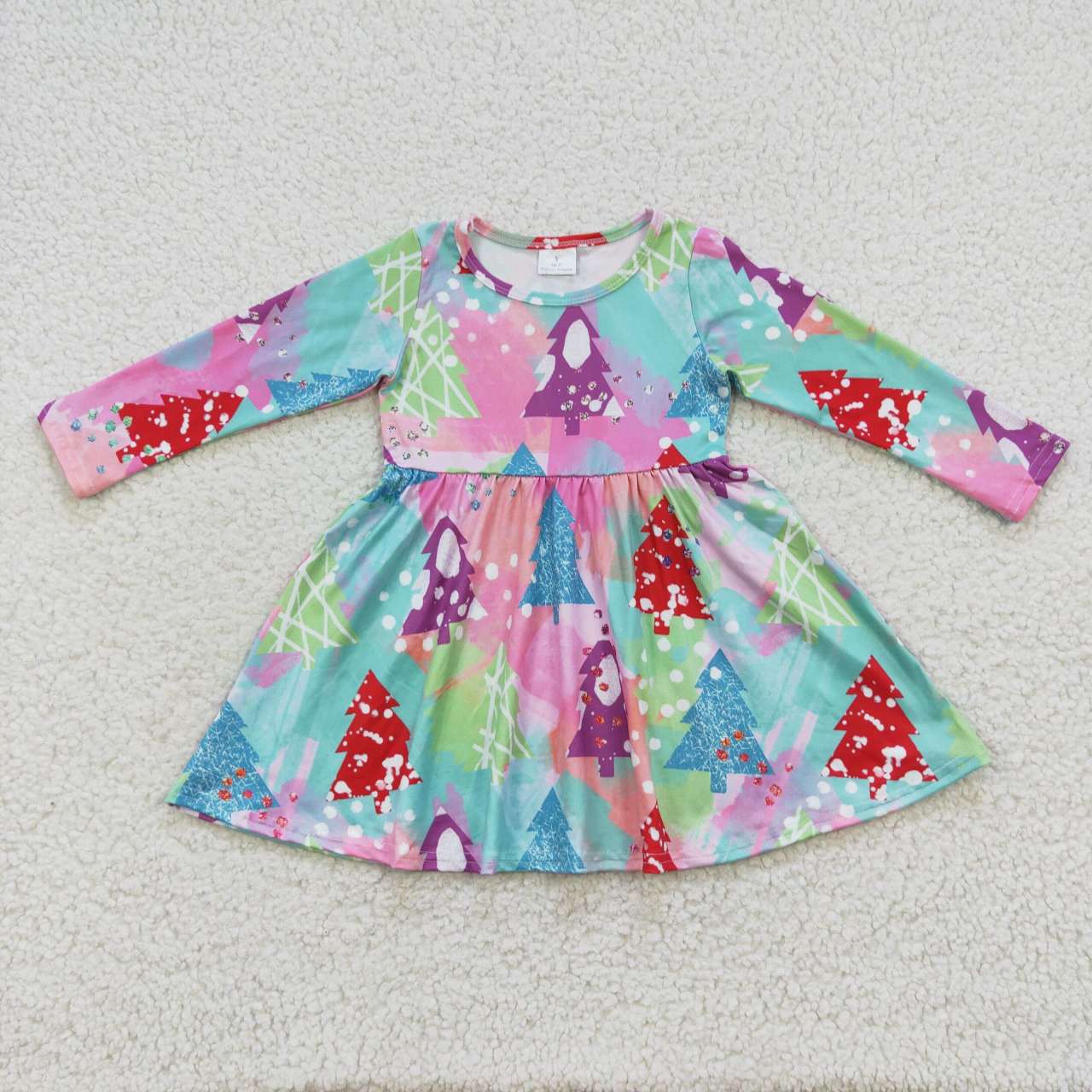 GLD0241 Christmas Pink Green Tree Girls Long Sleeve Dresses