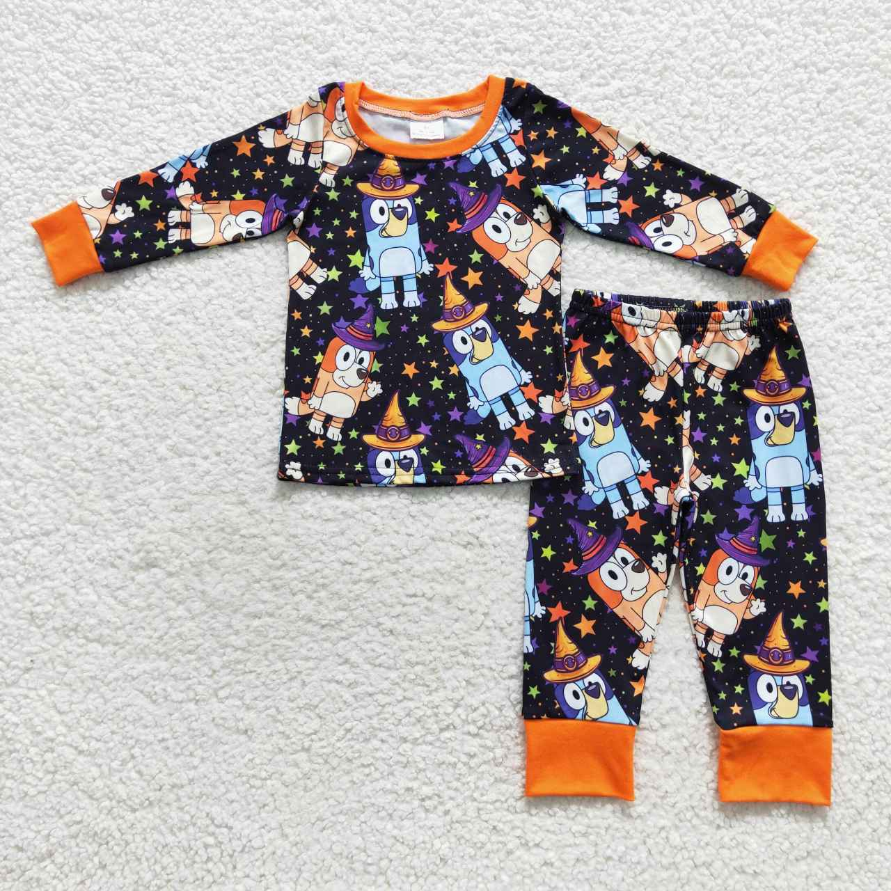 BLP0273 Halloween Orange Blue Dog Cartoon Boys Long Sleeve Bell Bottom Pants Outfits Pajamas