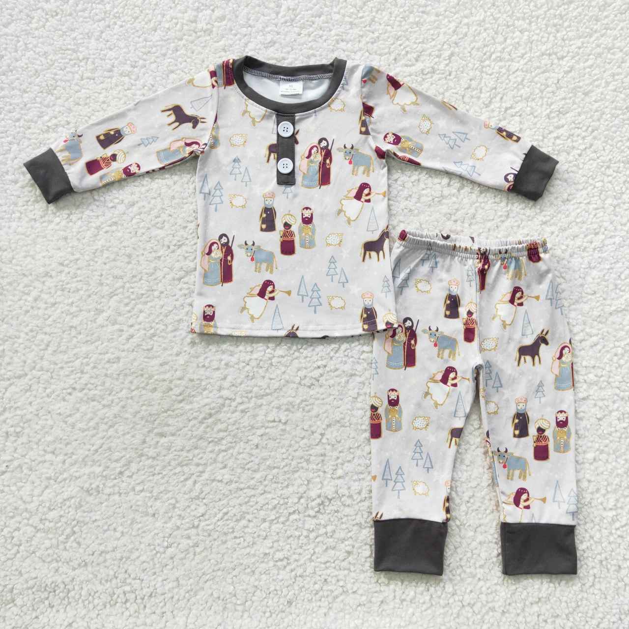 BLP0235 Green Horses Jesus God Cartoon Boys Long Sleeve Bell Bottom Pants Outfits Pajamas