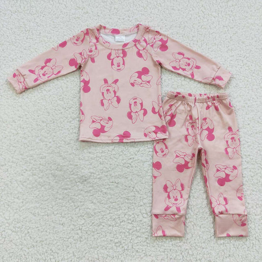 GLP0586 Pink M Cartoon Girls Long Sleeve Bell Bottom Pants Outfits Pajamas