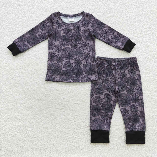 BLP0260 Halloween Purple Black Spider Web Boys Long Sleeve Pants Outfits Pajamas