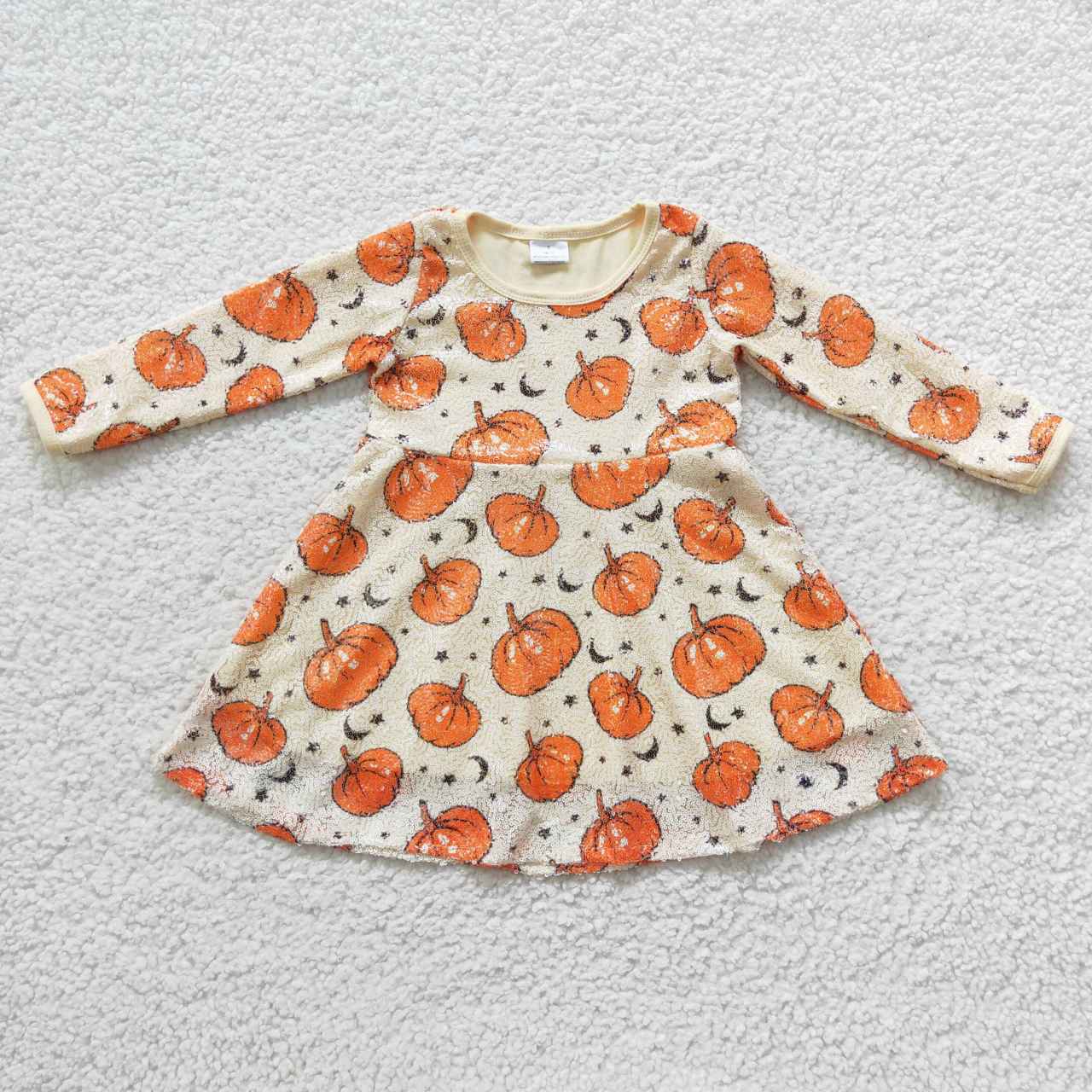 GLD0271 Halloween Orange Pumpkin Girls Long Sleeve Dresses