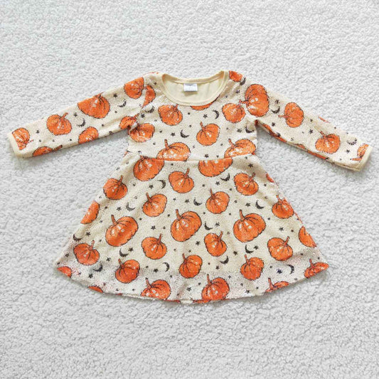 GLD0271 Halloween Orange Pumpkin Girls Long Sleeve Dresses