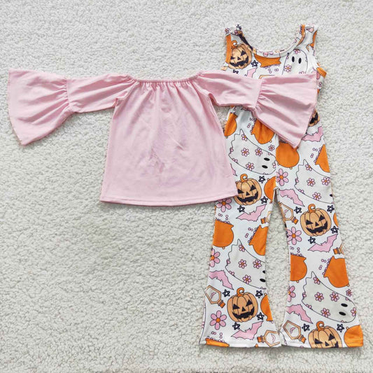 SR0410 Halloween Pumpkin Pink Jumpsuit Overall Girls Long Sleeve Bell Bottom Pants Outfits