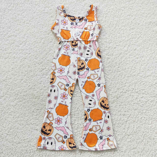 SR0410 Halloween Pumpkin Girls Short Sleeve Jumpsuit Overall Pants