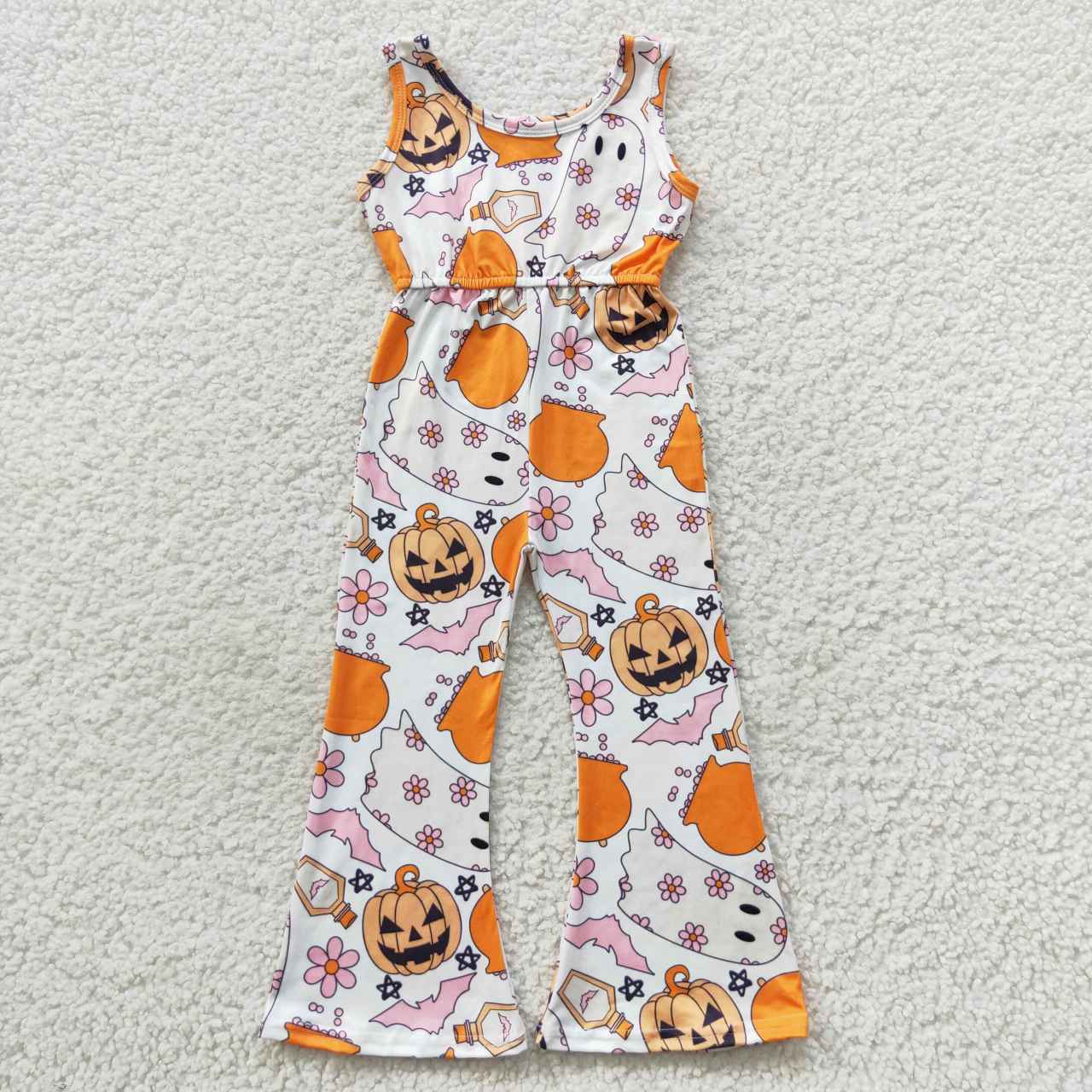 SR0410 Halloween Pumpkin Girls Short Sleeve Jumpsuit Overall Pants