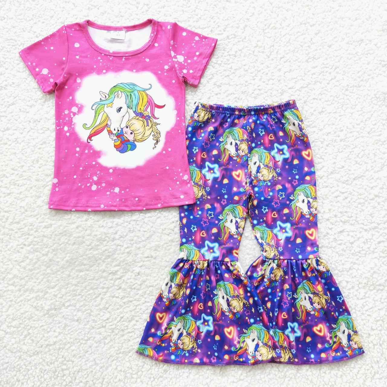 GSPO0730 Pink Purple Unicorn Cartoon Girls Short Sleeve Bell Bottom Pants Outfits