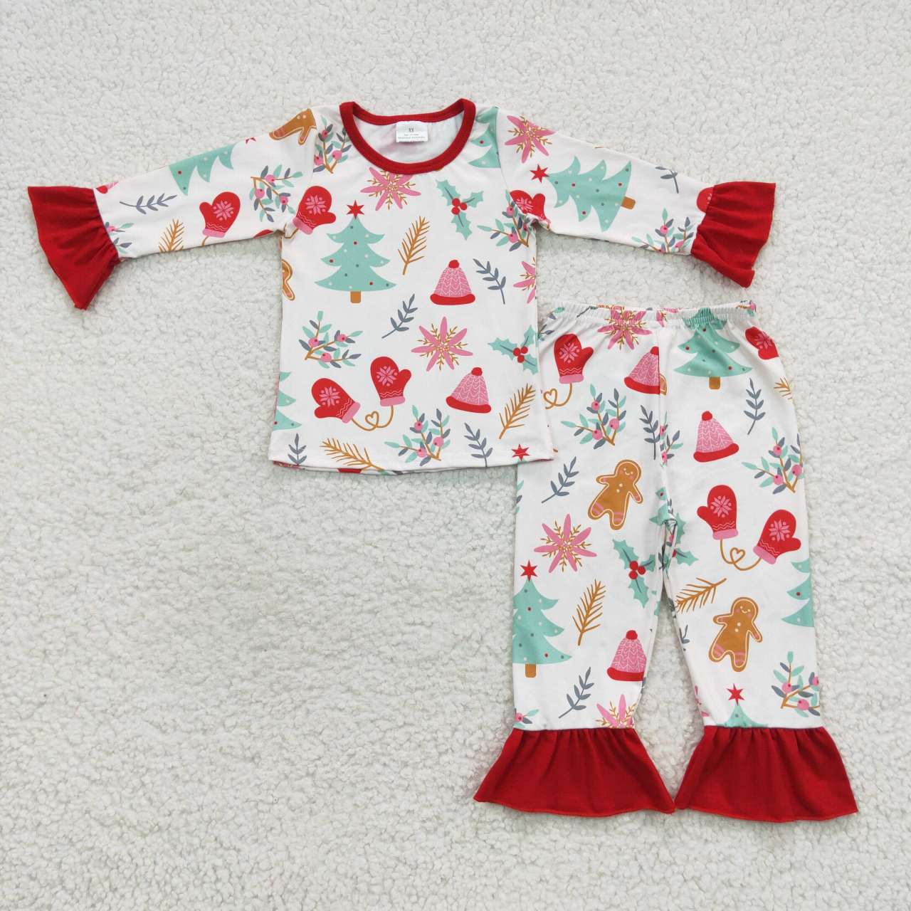 GLP0636 Christmas Red Green Tree Girls Long Sleeve Pants Outfits Pajamas