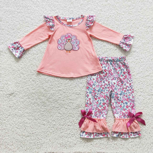 GLP0466 Thanksgiving Turkey Pink Floral Embroidery Girls Long Sleeve Pants Outfits