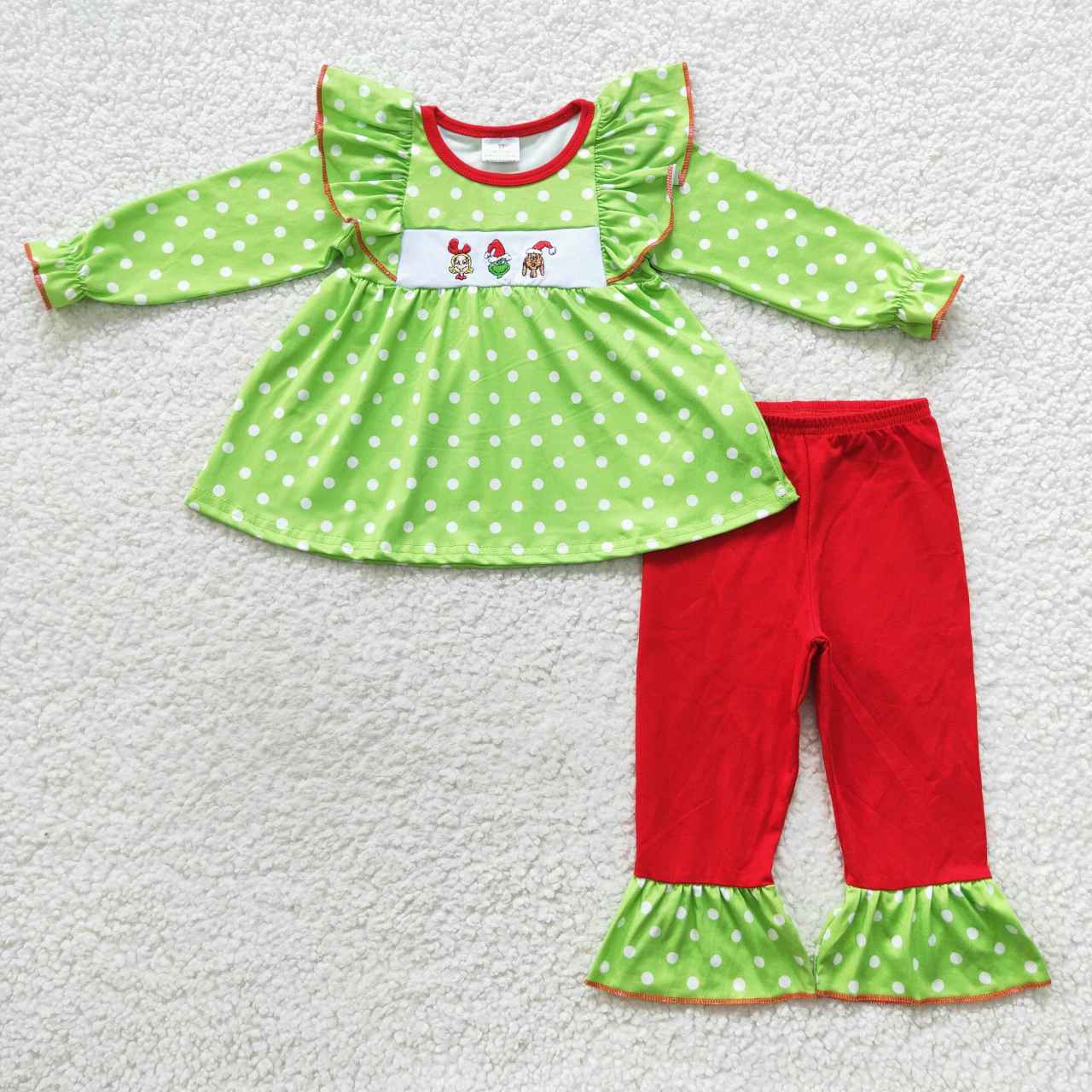 GLP0494 Christmas Red Green Cartoon Embroidery Girls Long Sleeve Pants Outfits