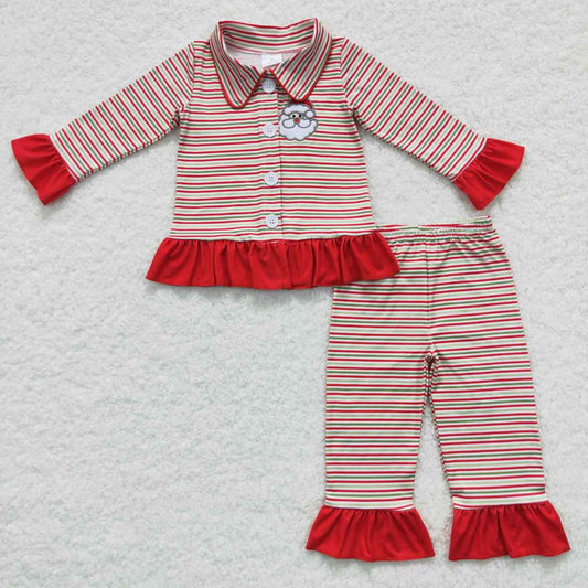 GLP0550 Christmas Red Santa Print Collar Girls Long Sleeve Pants Outfits Pajamas