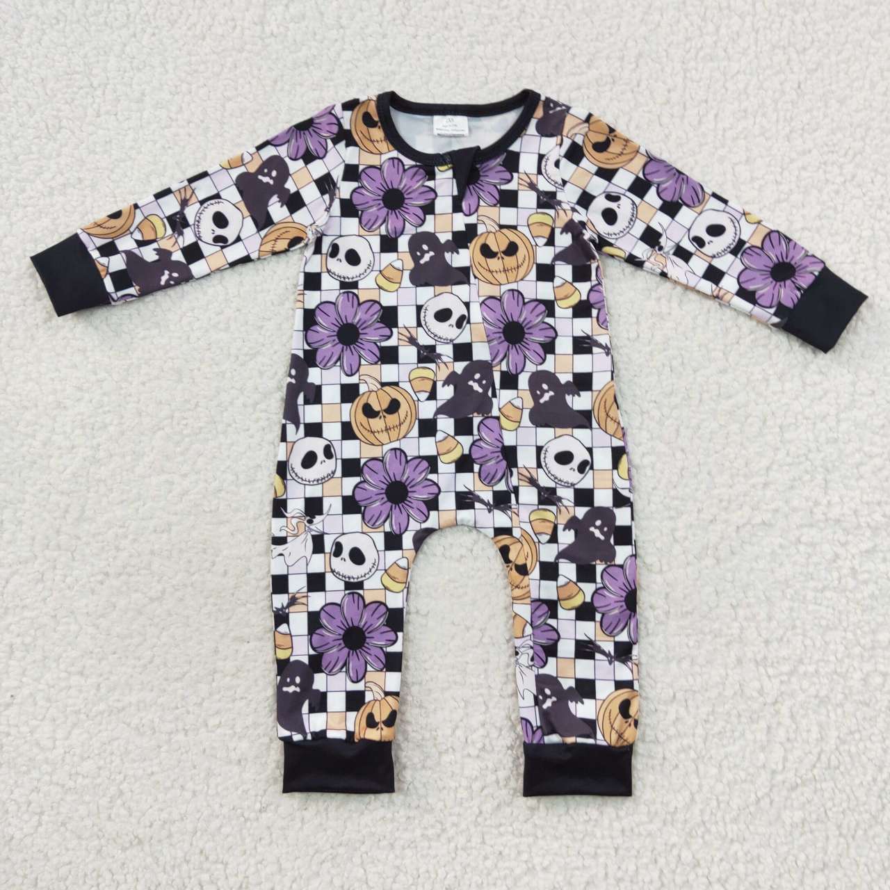 LR0445 Halloween Purple Pumpkin Zipper Girls Long Sleeve Romper