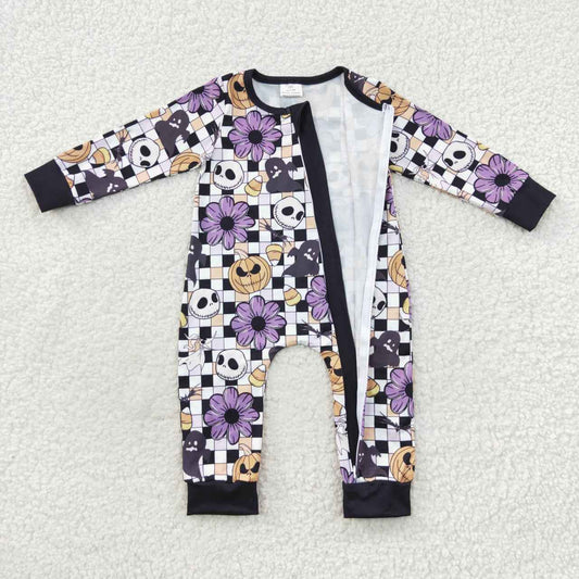 LR0445 Halloween Purple Pumpkin Zipper Girls Long Sleeve Romper