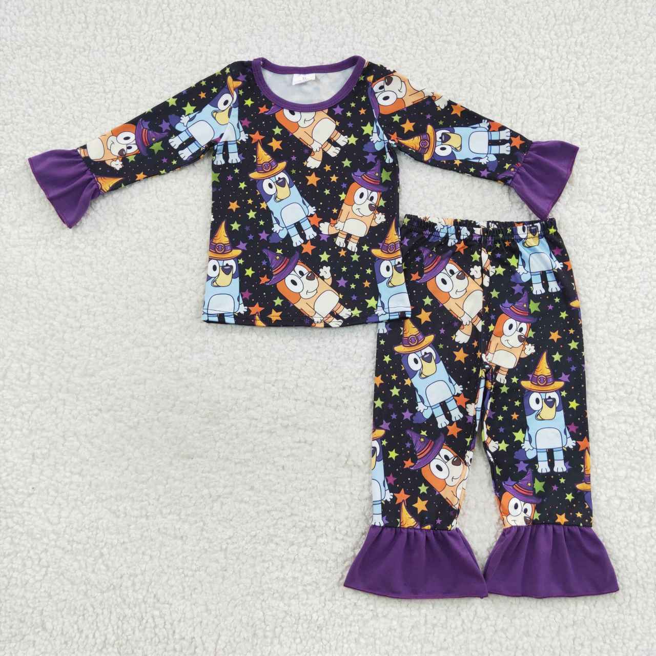 GLP0660 Halloween Purple Blue Dog Cartoon Girls Long Sleeve Pants Outfits Pajamas