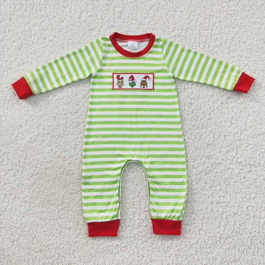 LR0388 Christmas Red Green Cartoon Embroidery  Boys Long Sleeve Romper