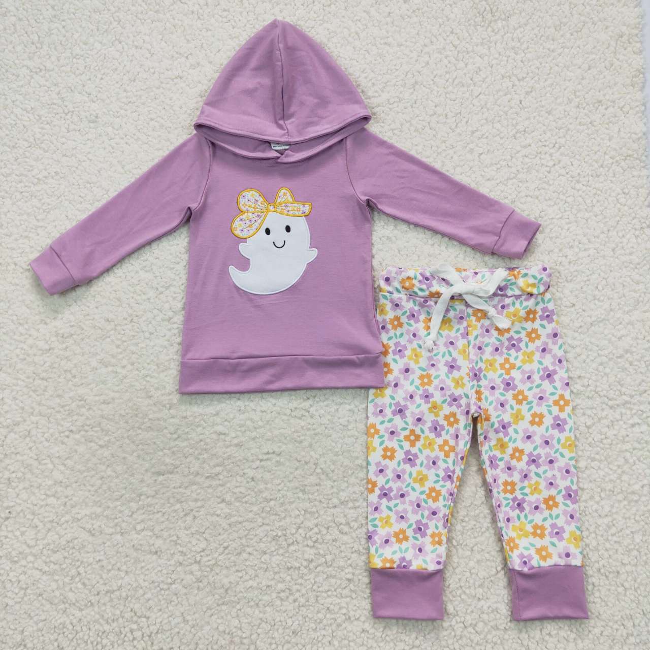 GLP0530  Halloween Purple ghost Embroidery  Girls Long Sleeve Hoodies Outfits