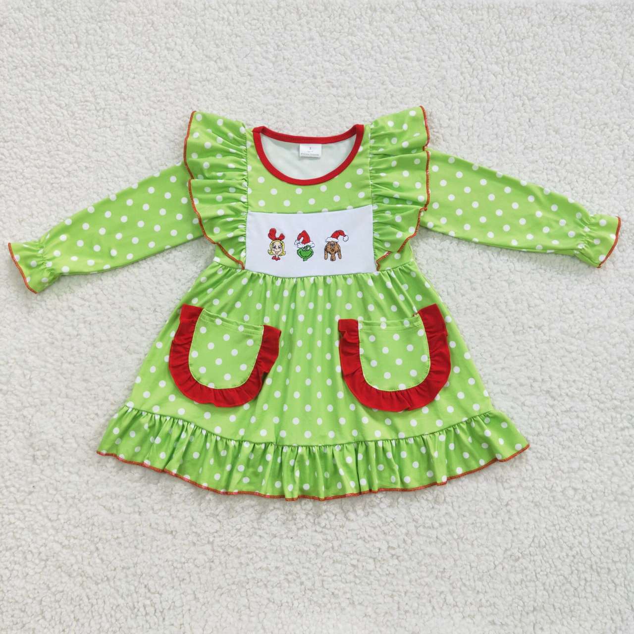 GLD0217 Christmas Red Green Cartoon Embroidery Pockets Girls Long Sleeve Dresses