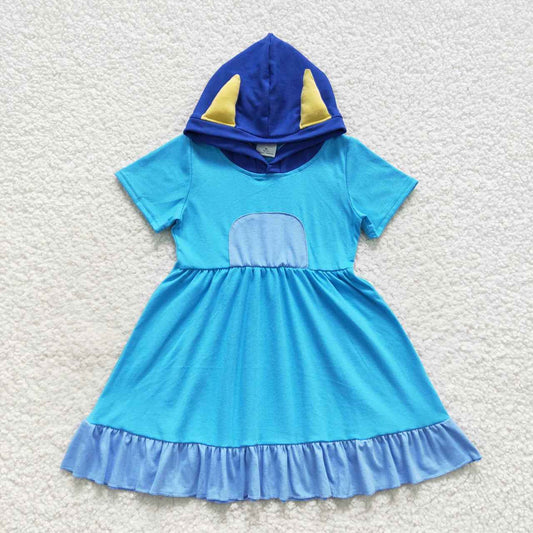 GSD0386 Blue Hoodies  Girls Short Sleeve Dresses