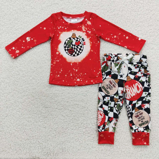 BLP0209 Christmas Red Green Cartoon Boys Long Sleeve Pants Outfits Pajamas