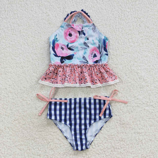 S0158 Pink Blue Floral Girls Swimming Bathing Suits Swimsuits