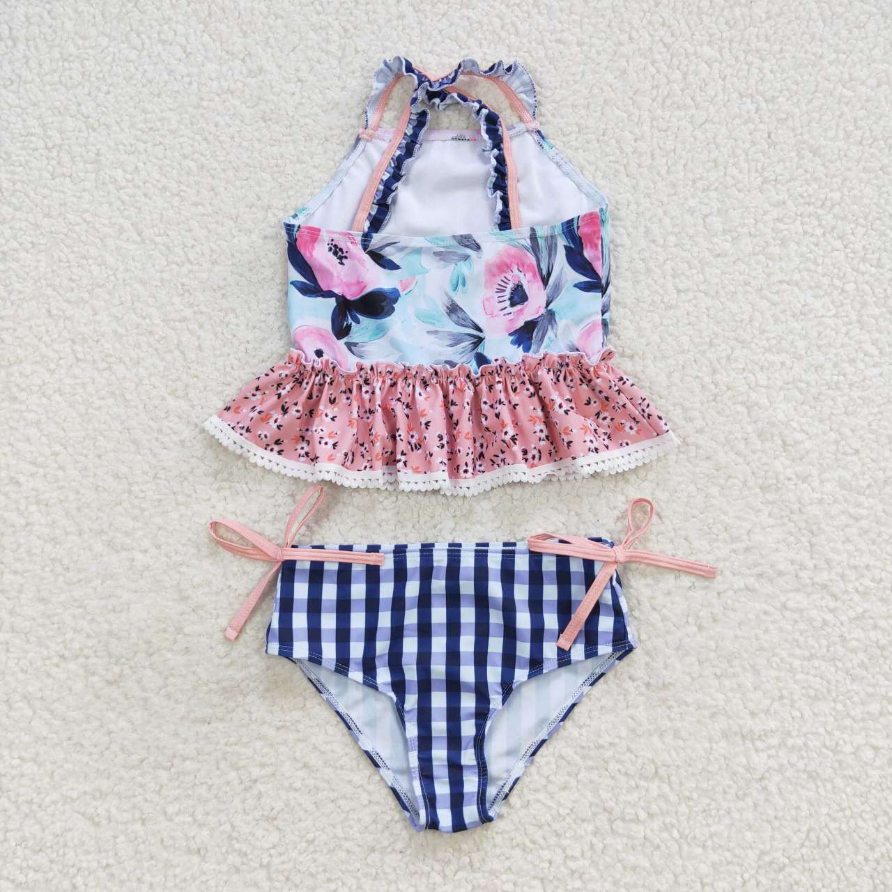 S0158 Pink Blue Floral Girls Swimming Bathing Suits Swimsuits