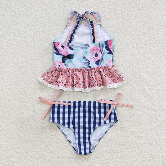 S0158 Pink Blue Floral Girls Swimming Bathing Suits Swimsuits