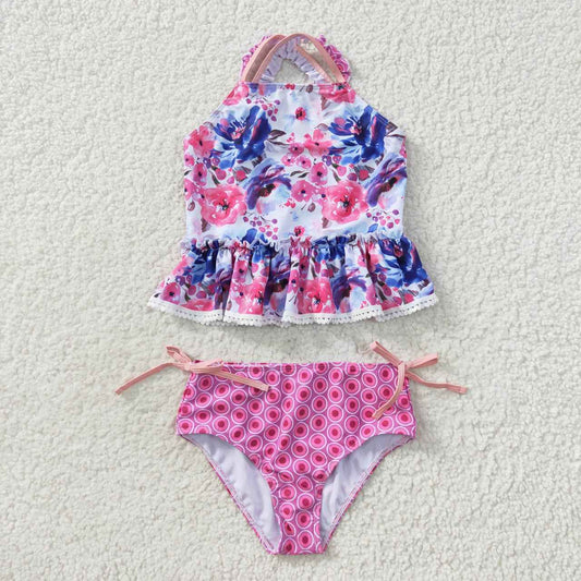 S0156  Pink Floral Girls Swimming Bathing Suits Swimsuits