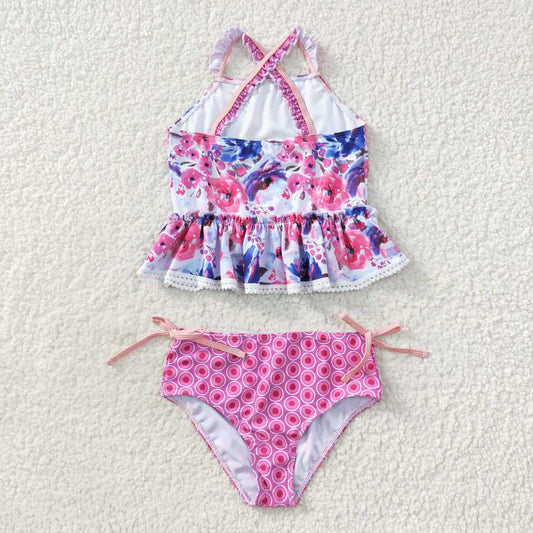 S0156  Pink Floral Girls Swimming Bathing Suits Swimsuits