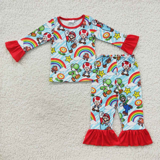 GLP0668 Christmas Red Green Cartoon Girls Long Sleeve Pants Outfits Pajamas